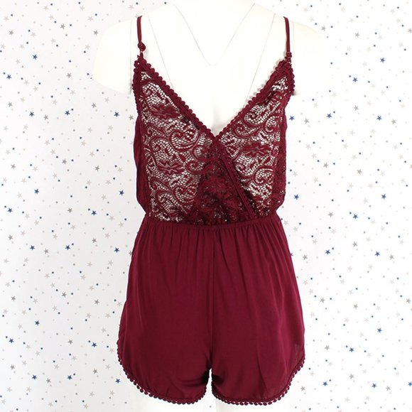 Surplice Lace Pompom Cami Romper Burgundy - Picture 5 of 8